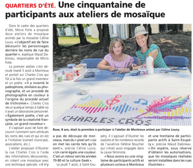 Artcile de presse du journal "Les Nouvelles" du 21 août 2025. Une photo d'illustration de l'article avec la mosaïste Céline Loury et une participante à l'atelier.