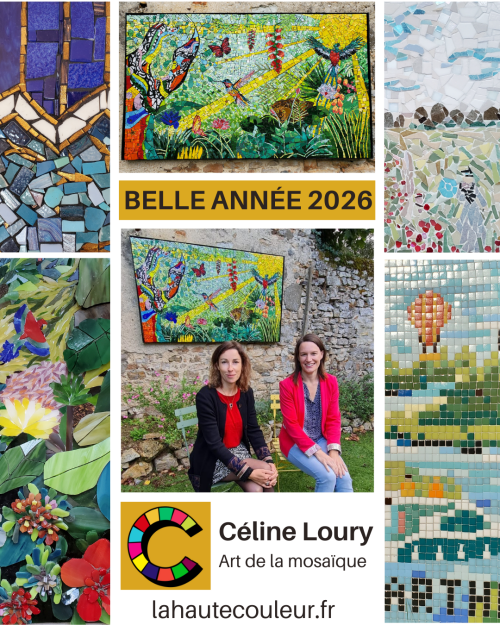 Carte de voeux avec des photos des mosaïques réalisées par Céline Loury. Une photo avec deux personnes car c'est Fanny Guillo qui a participé à la réalisation d'une grande mosaïque de jardin.