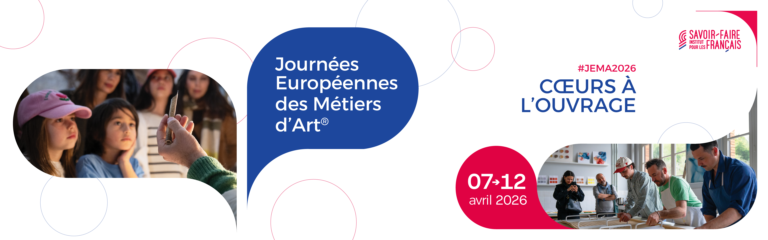 Visuel des journées européennes des métiers d'art 2026, image avec une photo d'enfant qui regarde un savoir-faire d'excellence à gauche et à droite, dates de l'événement