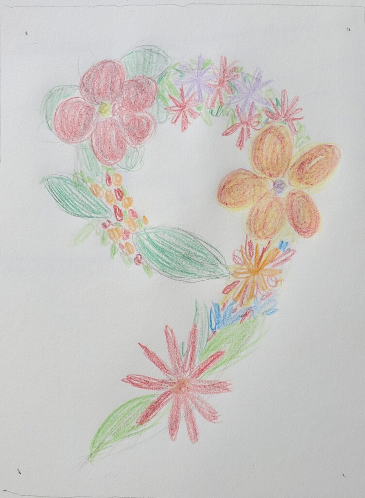 Dessin d'un numéro 9 avec des fleurs colorées réalisé par Céline Loury pour faire une mosaïque en verres
