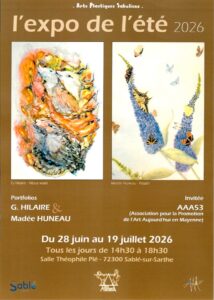 Affiche pour présenter une exposition des Arts Plastiques Saboliens pour l'expo de l'été, sur cette affiche de fond marron, il y a deux peintures à l'aquarelle