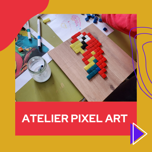 Visuel avec une mosaïque en pixel art réalisée en atelier avec Céline Loury - mosaïque