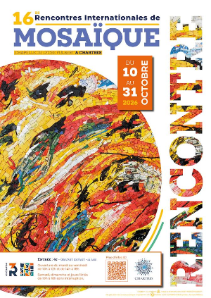 Affiche de la biennale de la mosaïque avec une sphère avec des couleurs chaudes type orange, jaune, beige et avec des touches de bleus